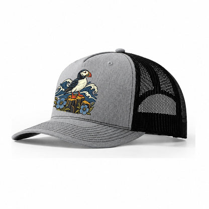 Causeway Coast Puffin And Flax Flowers Uk Culture Heritage Trucker Hat – Sport Grey Black
