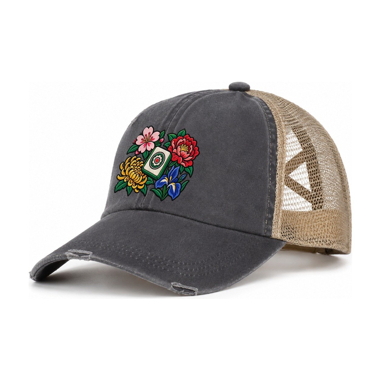 Flower Season Mahjong Game Night Women's Ponytail Trucker Hat – Charcoal Khaki