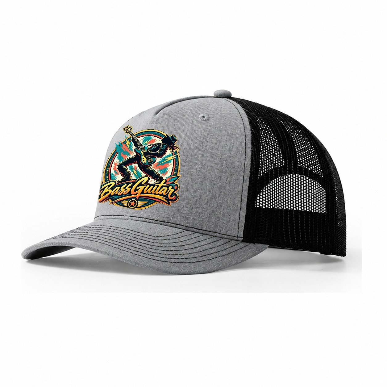 Bass Guitar Crest Music Instruments Trucker Hat – Sport Grey Black