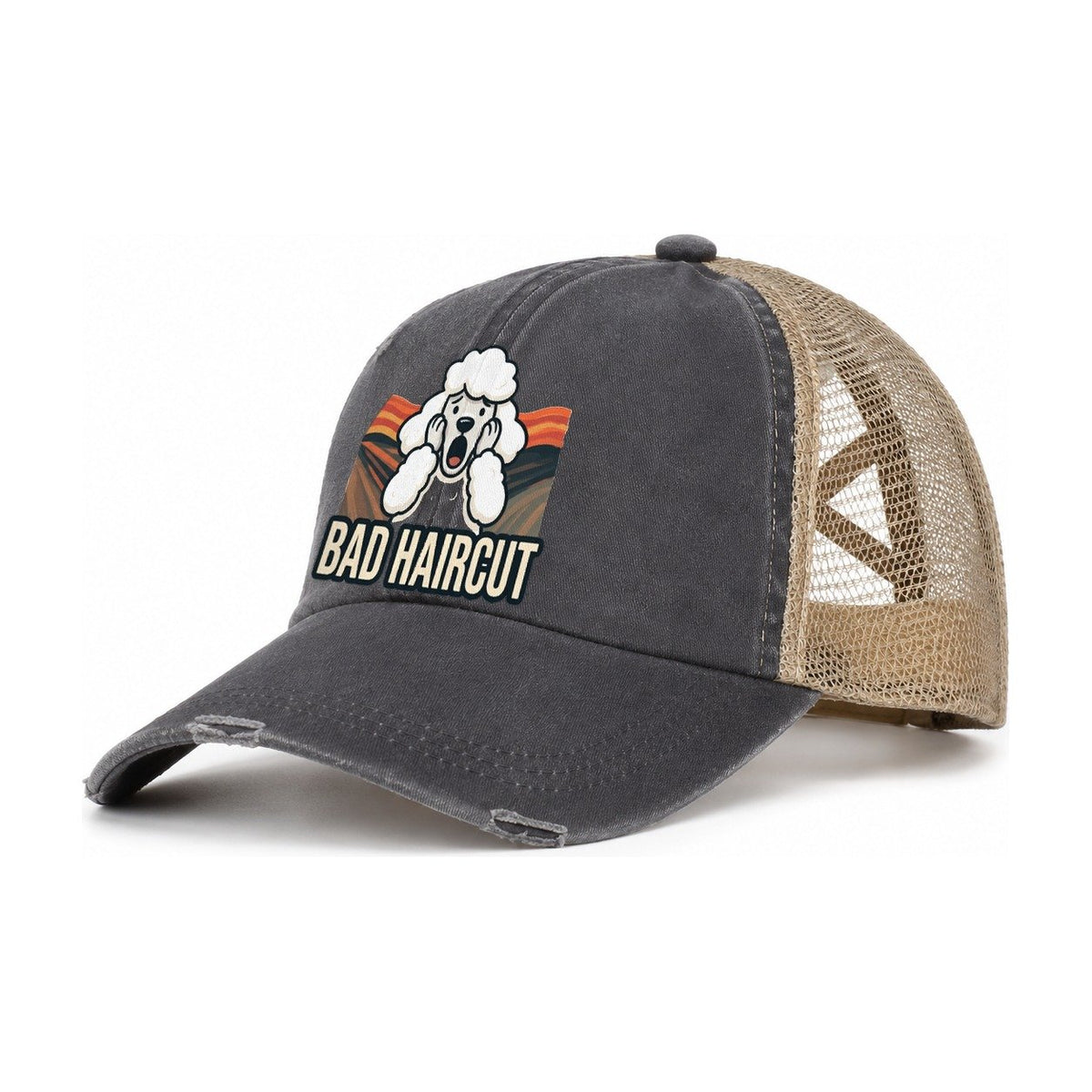 Poodle Scream Bad Haircut Scream Women's Ponytail Trucker Hat – Charcoal Khaki