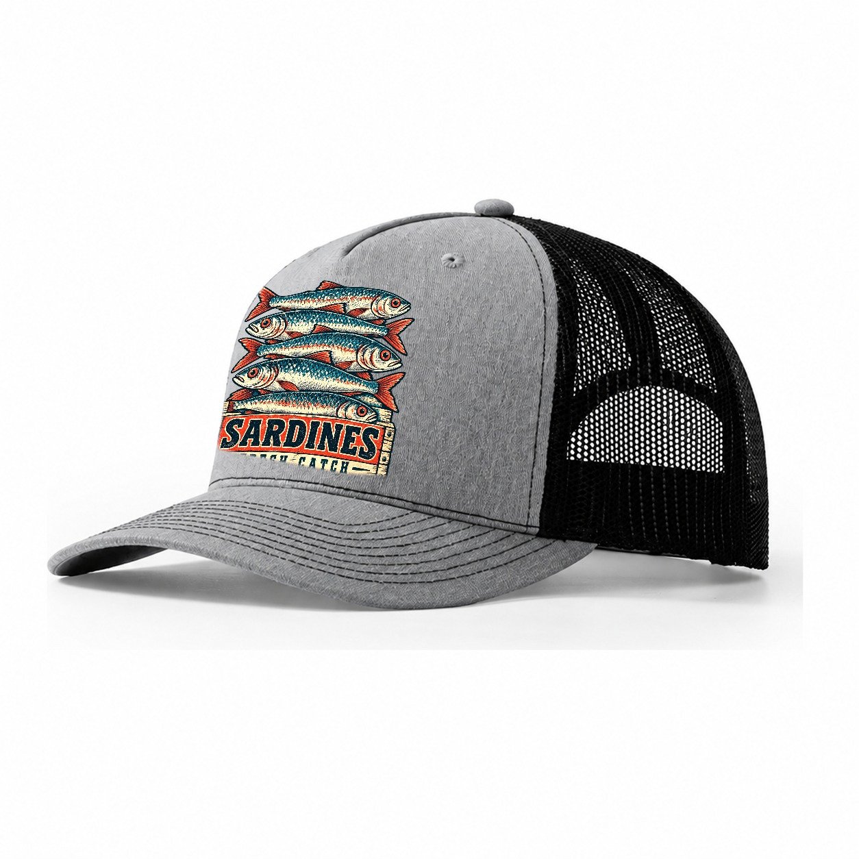 Sardine Crate Label Fishing Club Trucker Hat – Sport Grey Black
