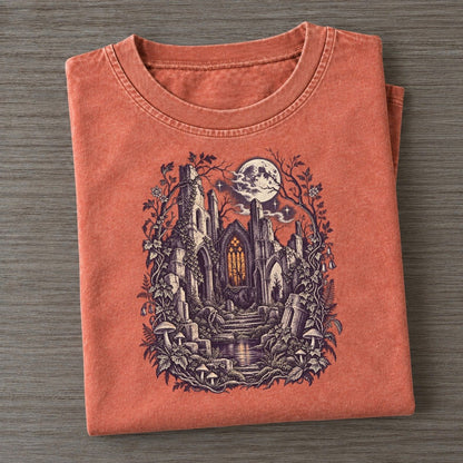 Church Ruins Stained Glass Midnight Haunt Vintage T-shirt – Terracotta