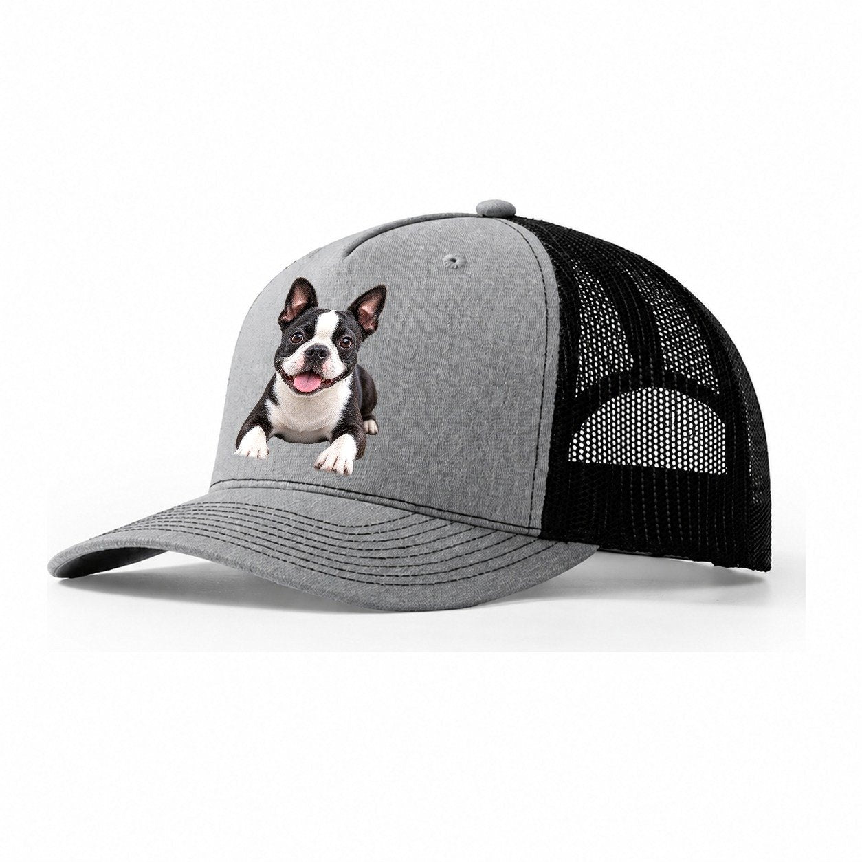 Boston Terrier Lying Down Top Breeds Trucker Hat – Sport Grey Black