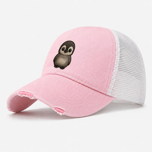 Baby Penguin Chick Gray Fluffy White Face Round Body Front F Washed Trucker Hat – Light Pink