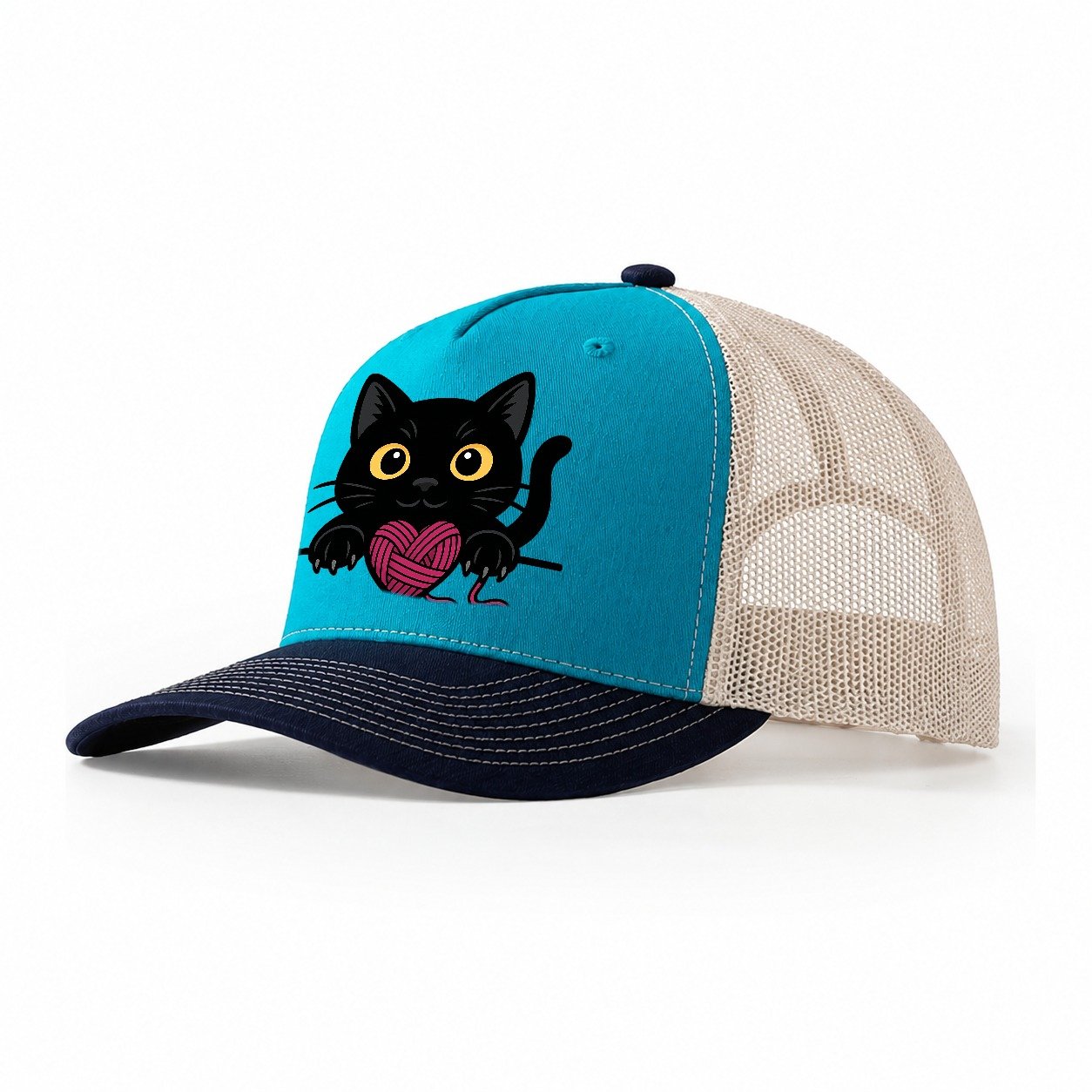 Black Cat Yarn Playful 968d17 Trucker Hat – Teal-Navy