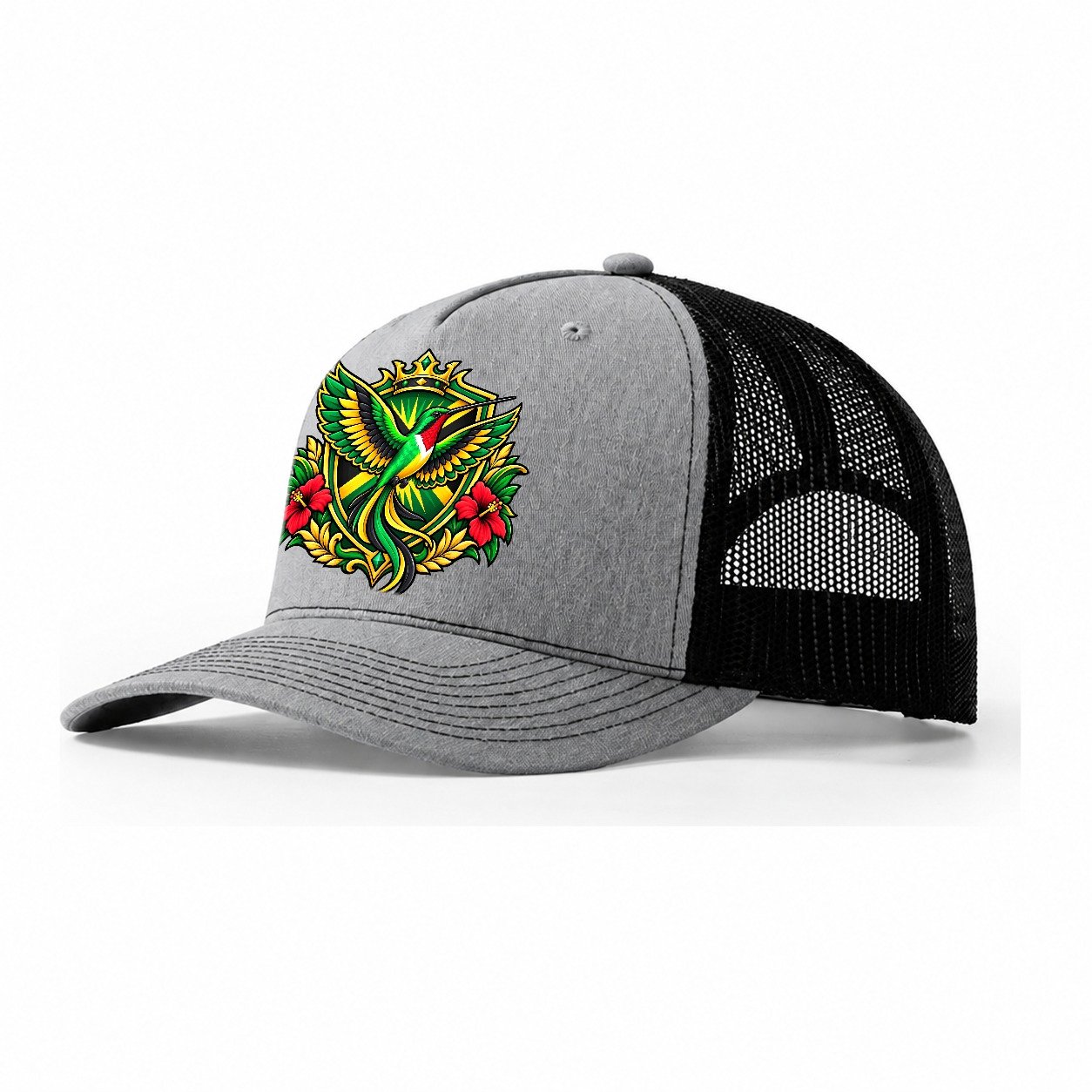 Jamaica Heraldic Crest Country Logos Trucker Hat – Sport Grey Black