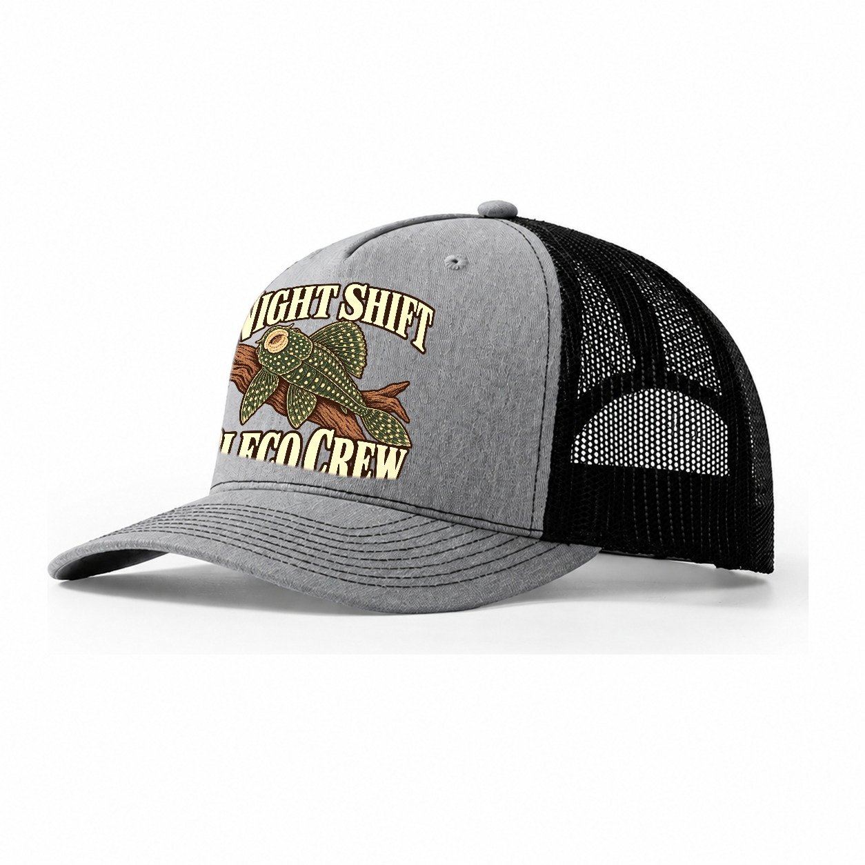 Night Shift Pleco Crew Aquarium Keeping Trucker Hat – Sport Grey Black