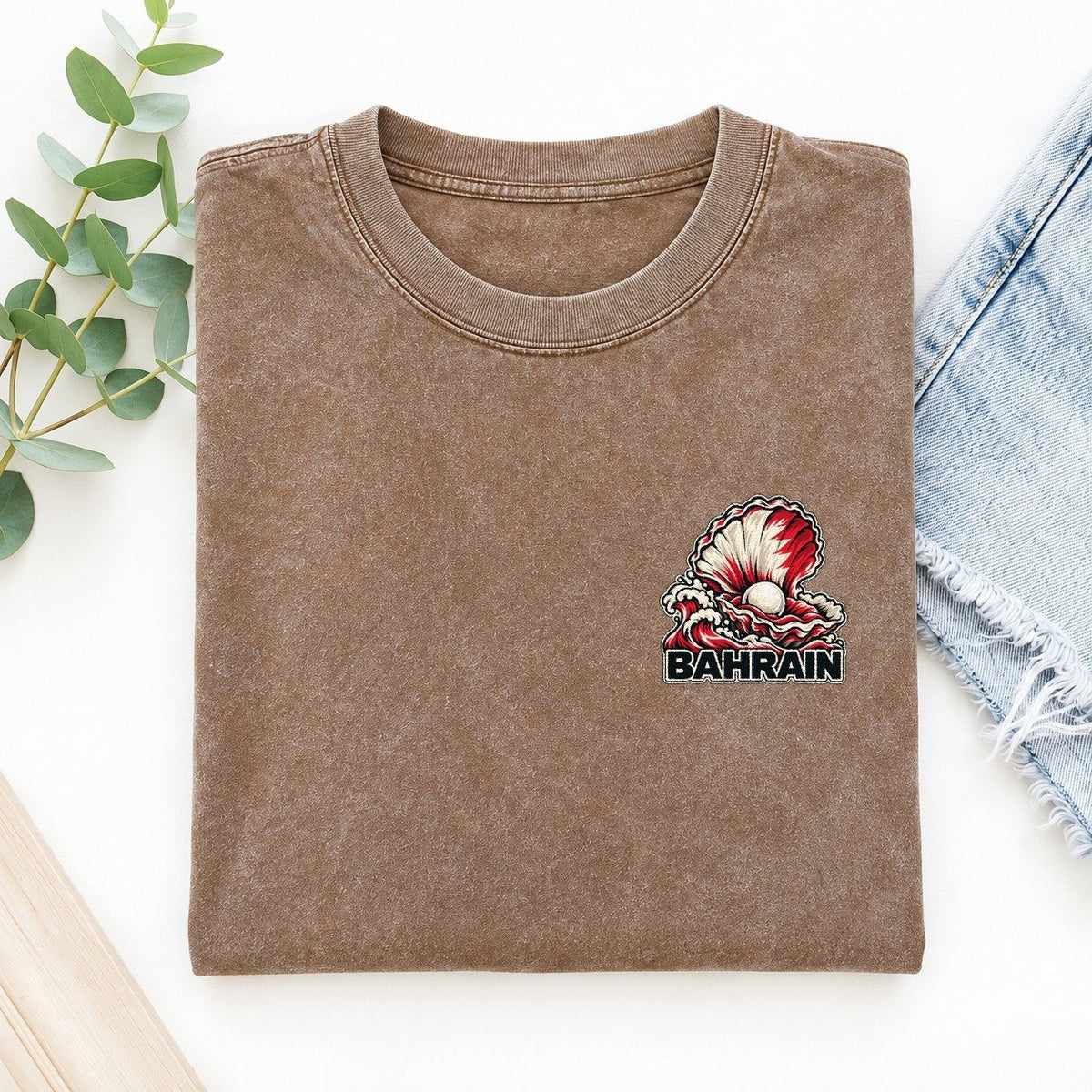 Bahrain Country Pride Left Chest Vintage T-shirt – Brown