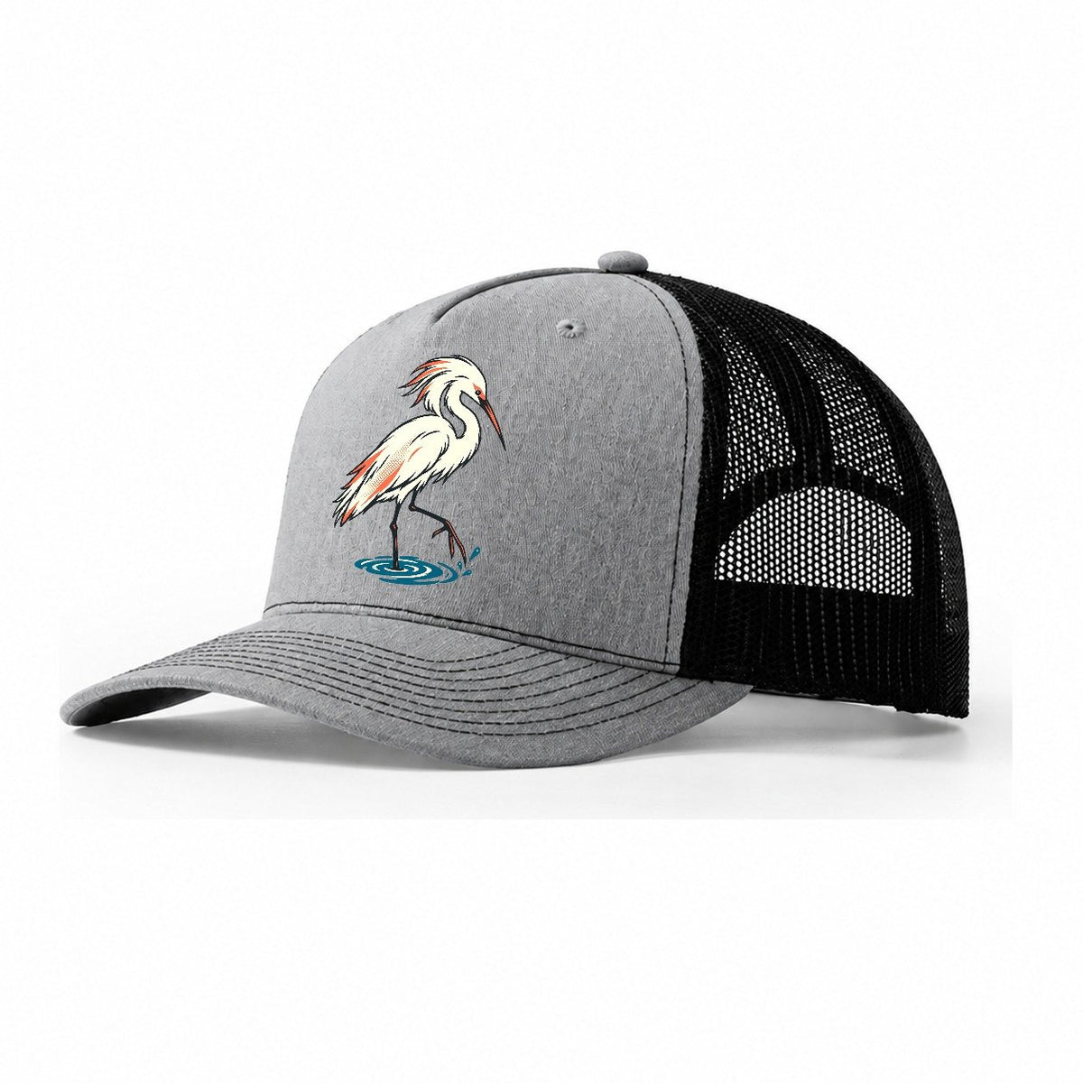 Snowy Egret Step Trucker Hat – Sport Grey Black