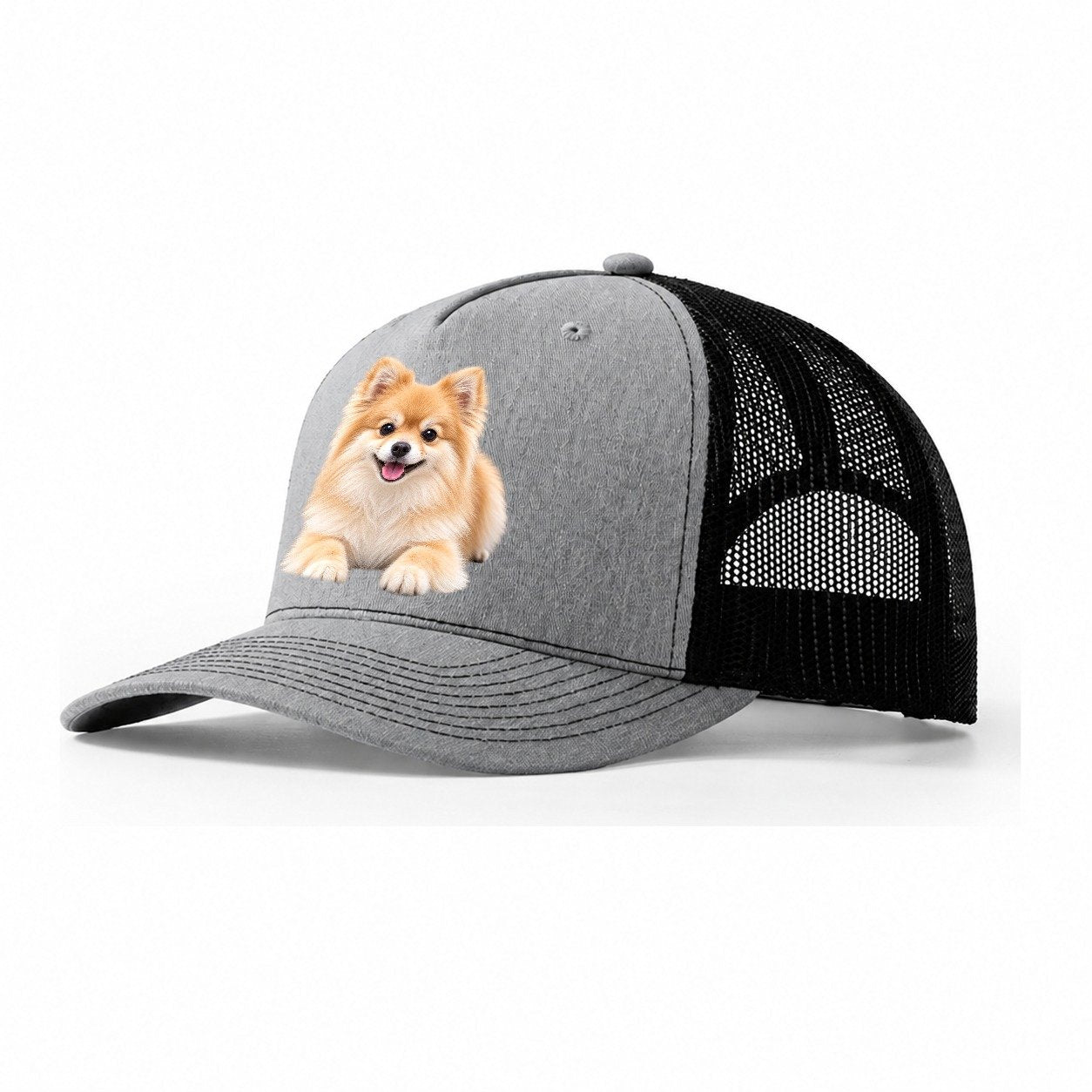Pomeranian Lying Down Top Breeds Trucker Hat – Sport Grey Black