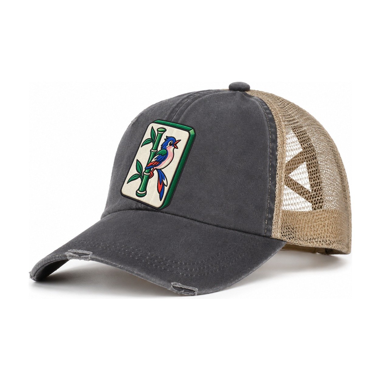 Bamboo Songbird Mahjong Game Night Women's Ponytail Trucker Hat – Charcoal Khaki