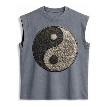 Mandala Yin Yang Pattern Vintage Washed Tank – Grey