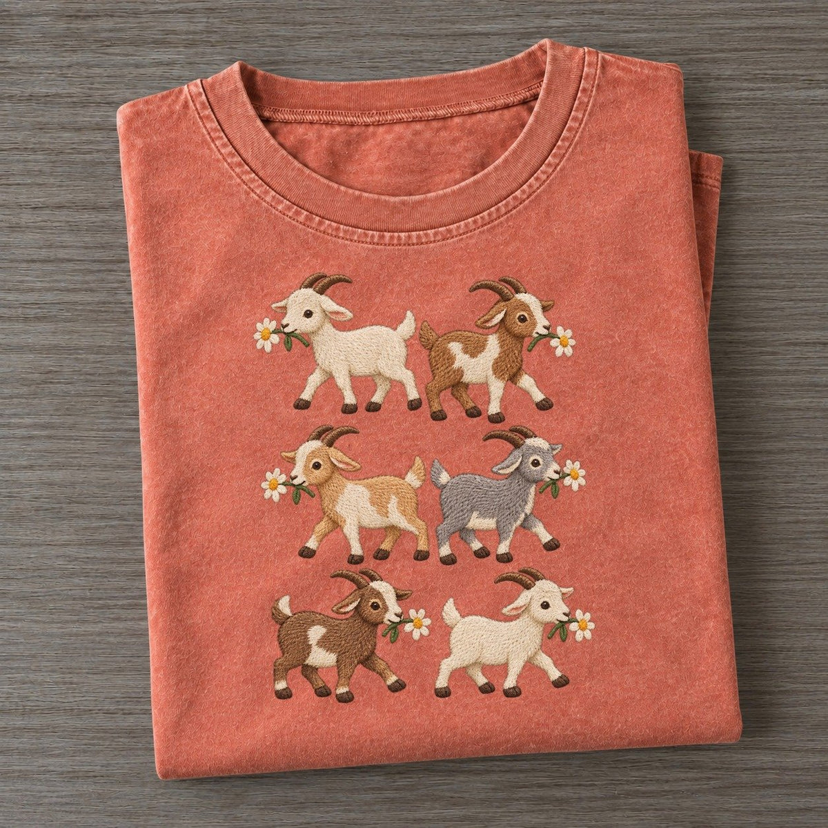 Goats With Daisies Single File Vintage T-shirt – Terracotta