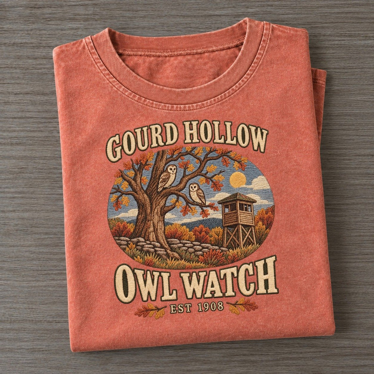 Owl Watch Gourd Hollow Vintage T-shirt – Terracotta