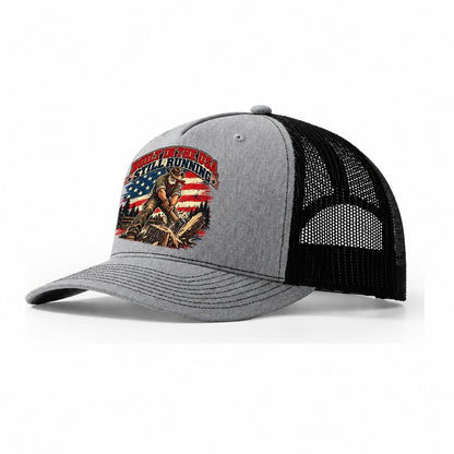 Built In The Usa Still Running Old Man Strong Trucker Hat – Sport Grey Black