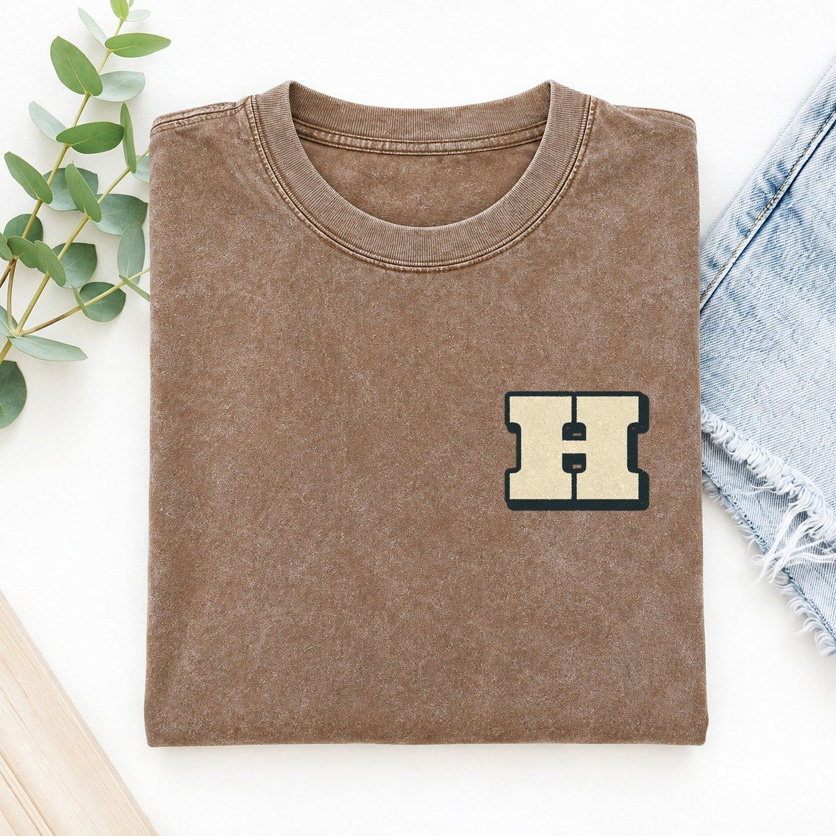Initial H Left Chest Vintage T-shirt – Brown