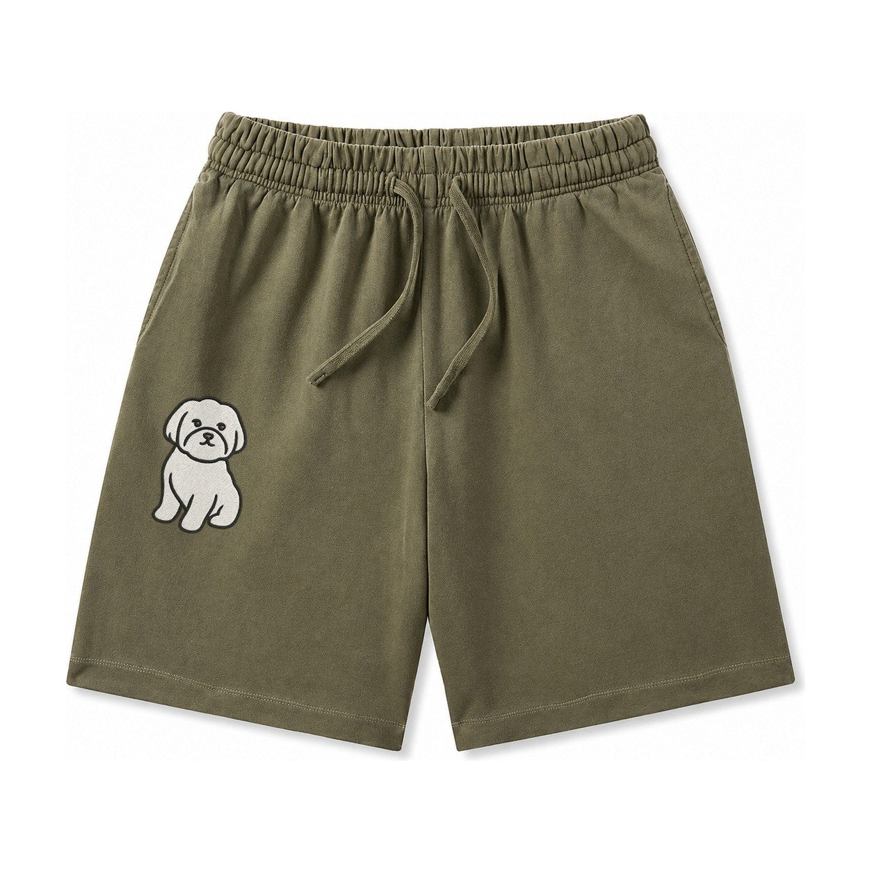 Maltese Pure White Fluffy Embroidered Design Washed Shorts – Army Green
