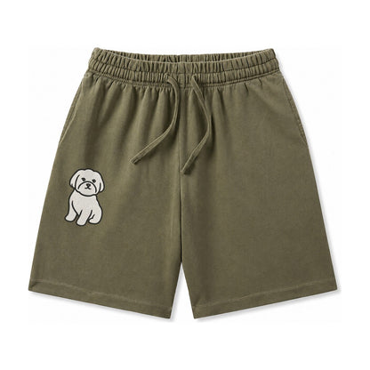 Maltese Pure White Fluffy Embroidered Design Washed Shorts – Army Green