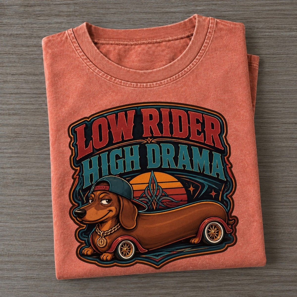 Low Rider High Drama Dachshund Vintage T-shirt – Terracotta