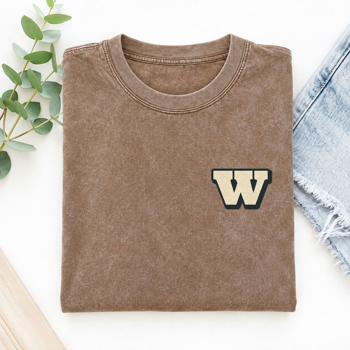 Initial W Left Chest Vintage T-shirt – Brown
