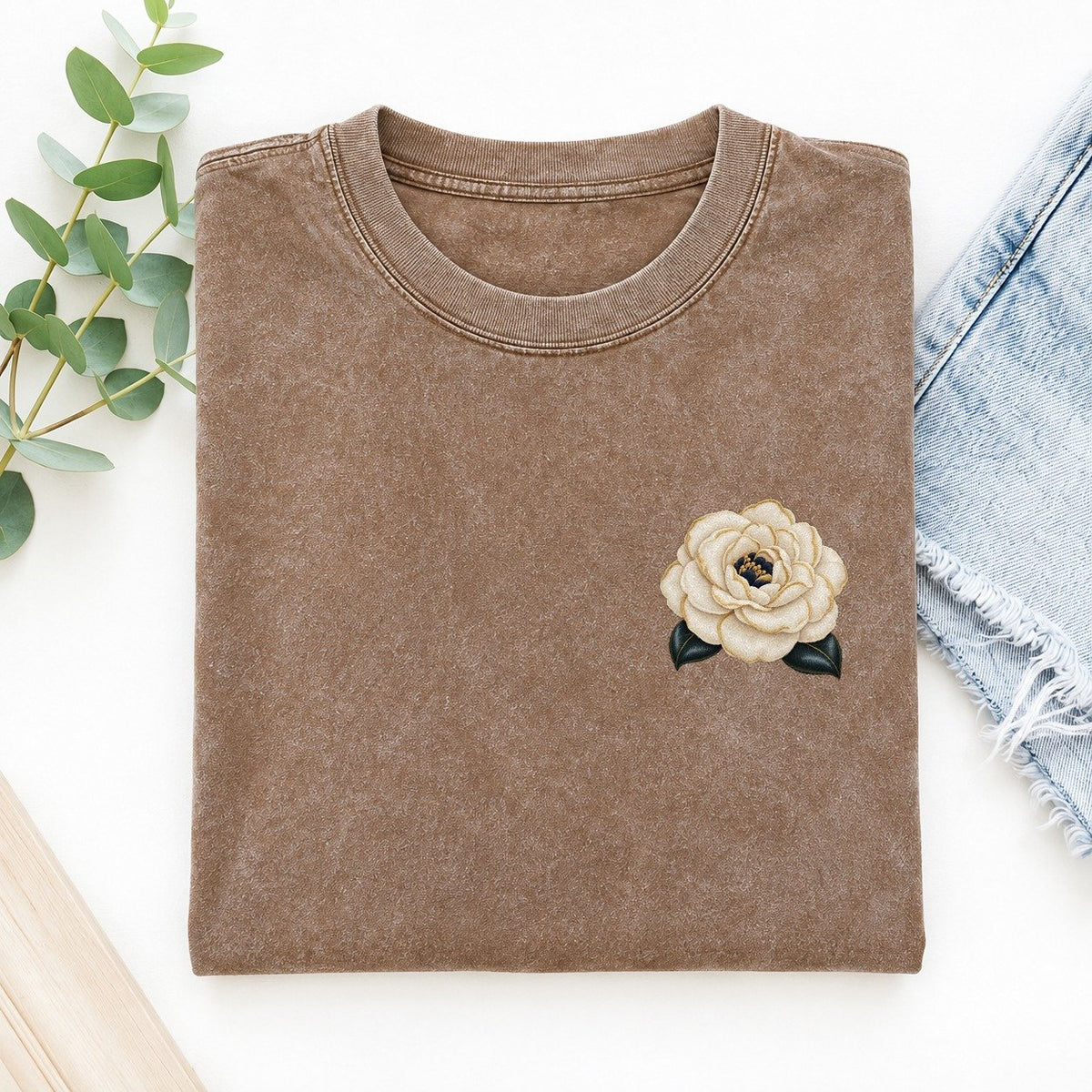 Camellia Double Bloom Left Chest Vintage T-shirt – Brown
