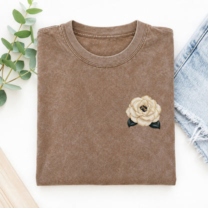Camellia Double Bloom Left Chest Vintage T-shirt – Brown