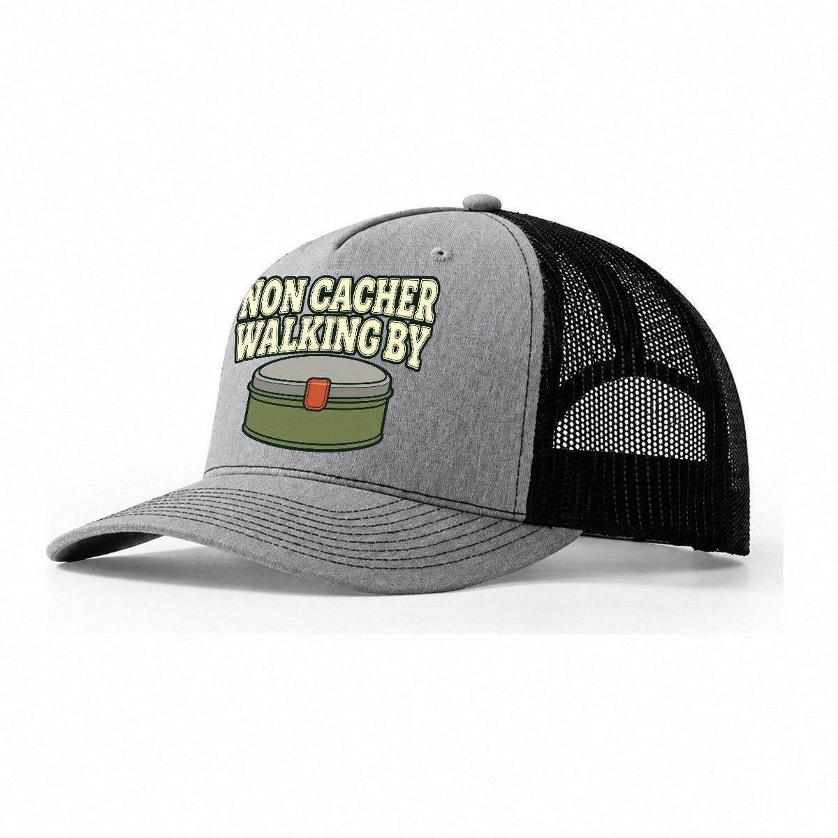 Non Cacher Walking By Geocaching Trucker Hat – Sport Grey Black