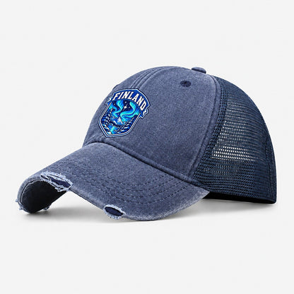 Finland Retro Badge Country Logos Washed Trucker Hat – Navy