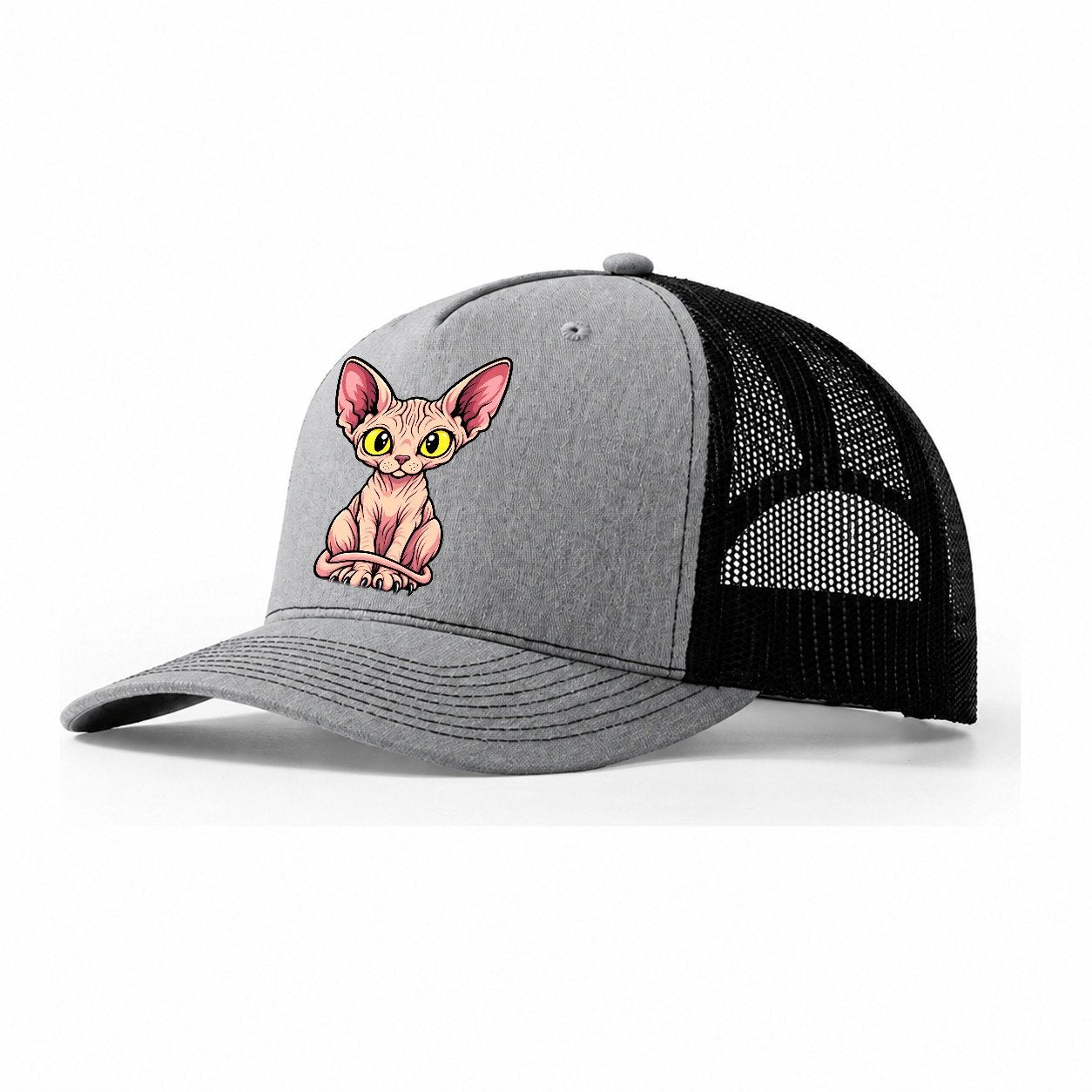 Sphynx Sitting Wrapped Peeking Cats Trucker Hat – Sport Grey Black