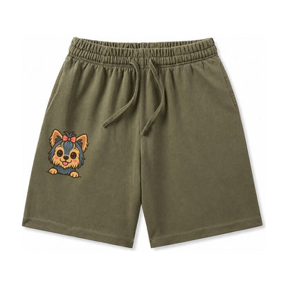 Yorkshire Terrier Modern Tiny Dog Logo Washed Shorts – Army Green