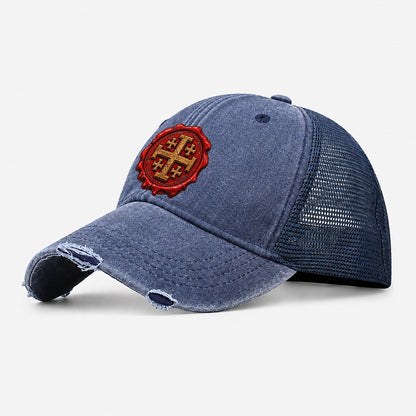 Red Wax Seal Impression Jerusalem Cross Washed Trucker Hat – Navy