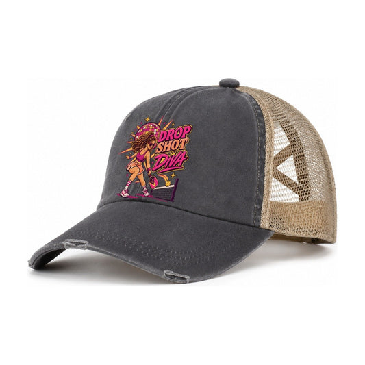 Drop Shot Diva Pickleball Life Women's Ponytail Trucker Hat – Charcoal Khaki