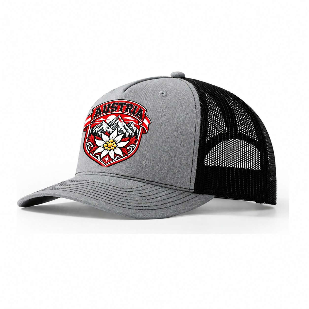 Austria Retro Badge Country Logos Trucker Hat – Sport Grey Black