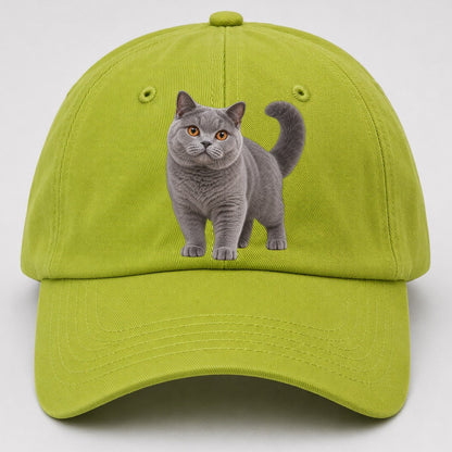 British Shorthair Standing Three Quarter Realistic Cat Portrait Baseball Cap – Fluorescent Green