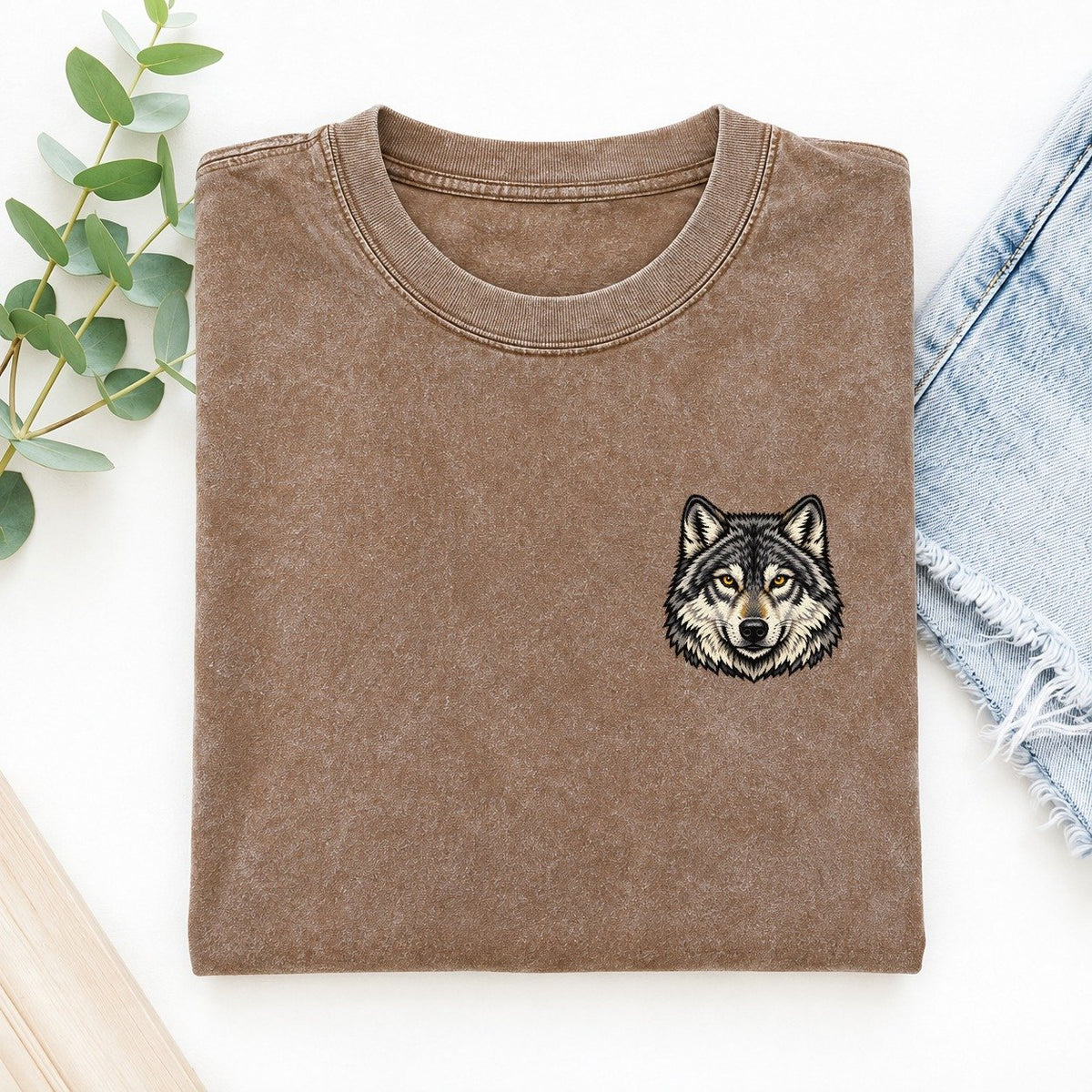 Golden Eyed Wolf Left Chest Vintage T-shirt – Brown