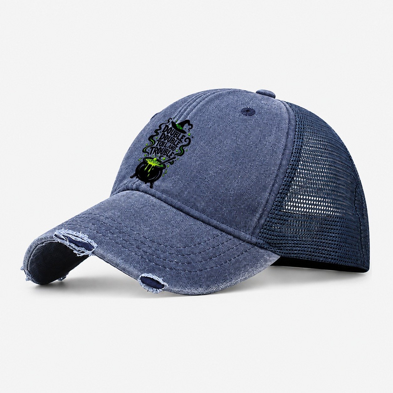 Double Double Toil And Trouble Slogan Witch Magic Washed Trucker Hat – Navy