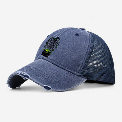Double Double Toil And Trouble Slogan Witch Magic Washed Trucker Hat – Navy
