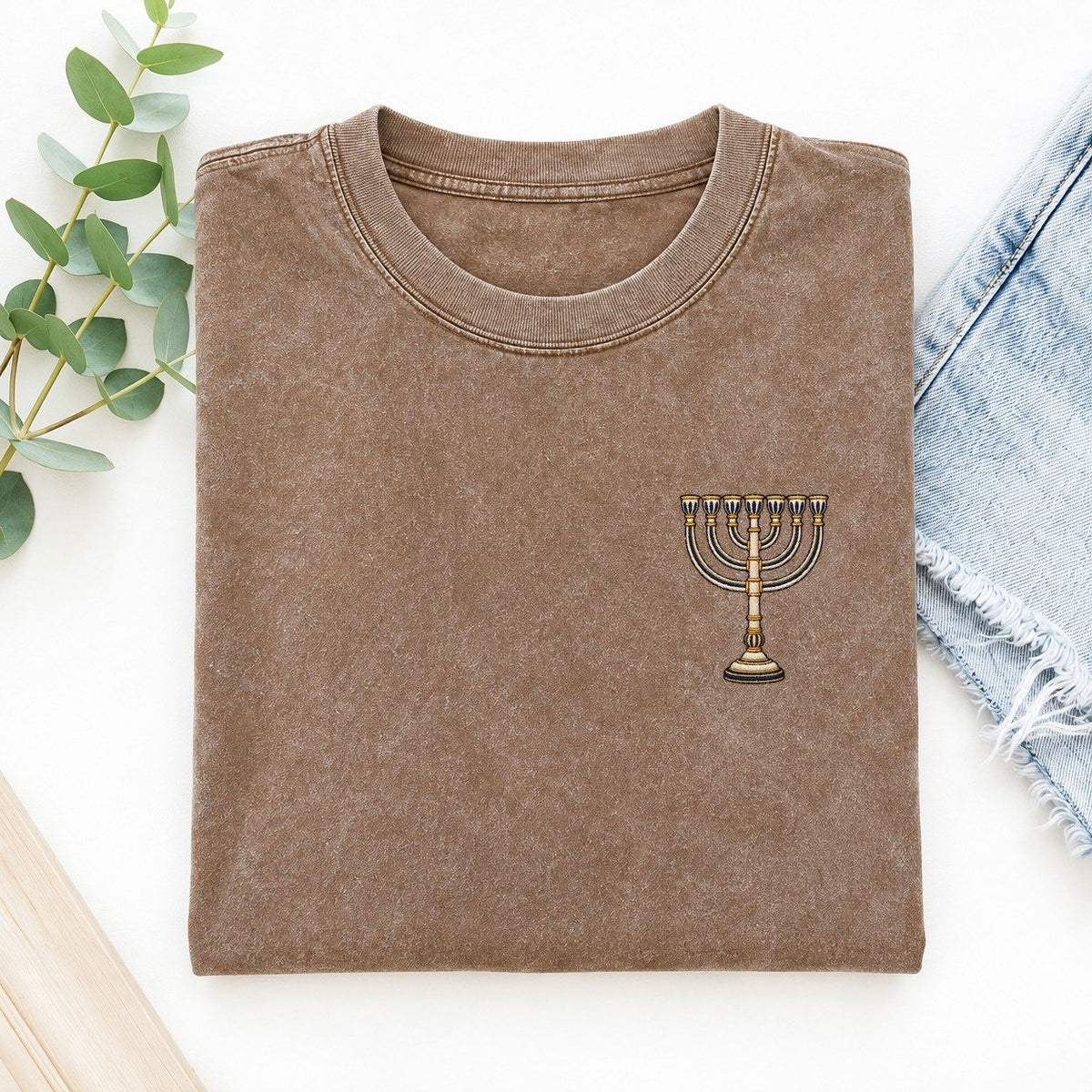 Seven Branch Menorah Symbol Emblems Left Chest Vintage T-shirt – Brown