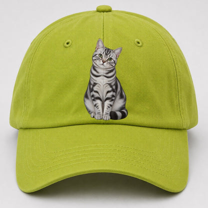American Shorthair Seated Portrait Realistic Cat Portrait Baseball Cap – Fluorescent Green