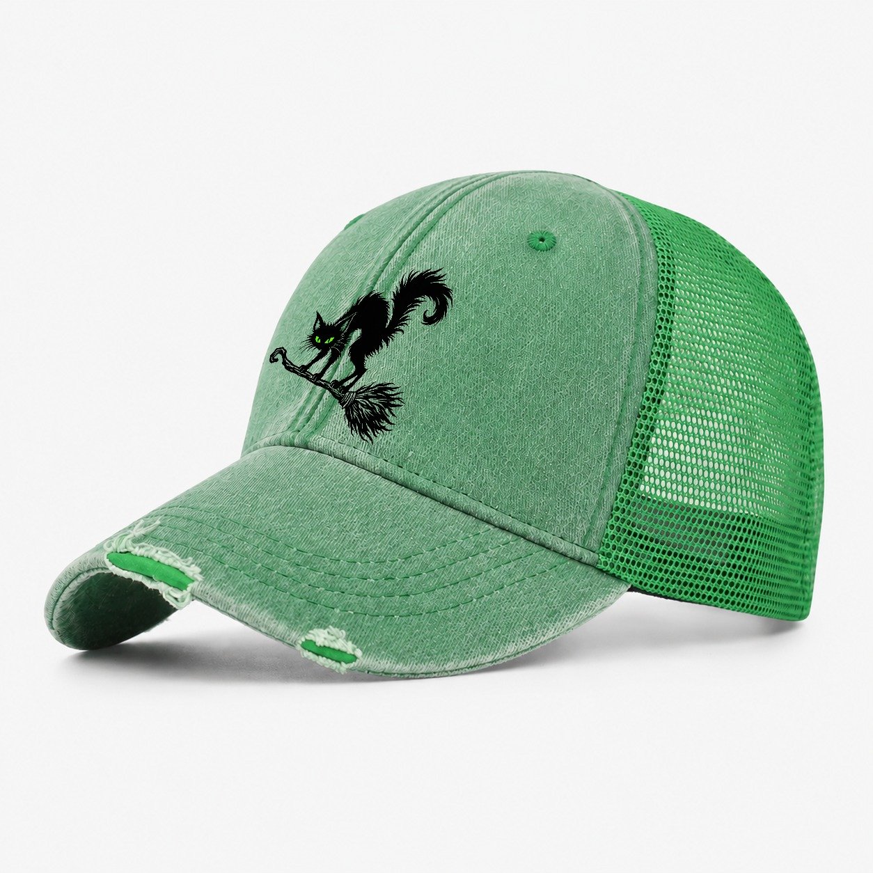 Black Cat Arched On A Broomstick Witch Magic Washed Trucker Hat – Ink Green