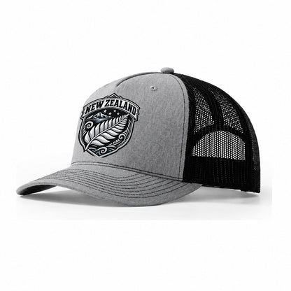 New Zealand Retro Badge Country Logos Trucker Hat – Sport Grey Black