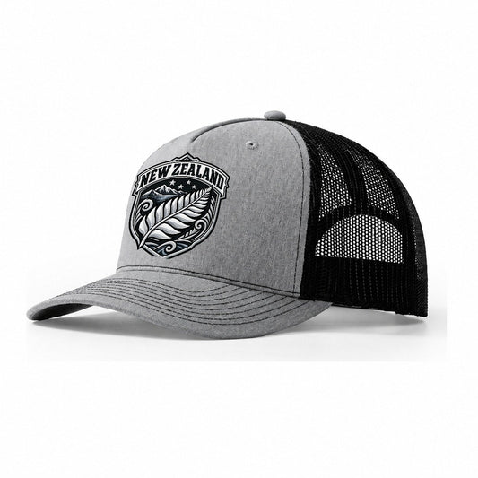 New Zealand Retro Badge Country Logos Trucker Hat – Sport Grey Black