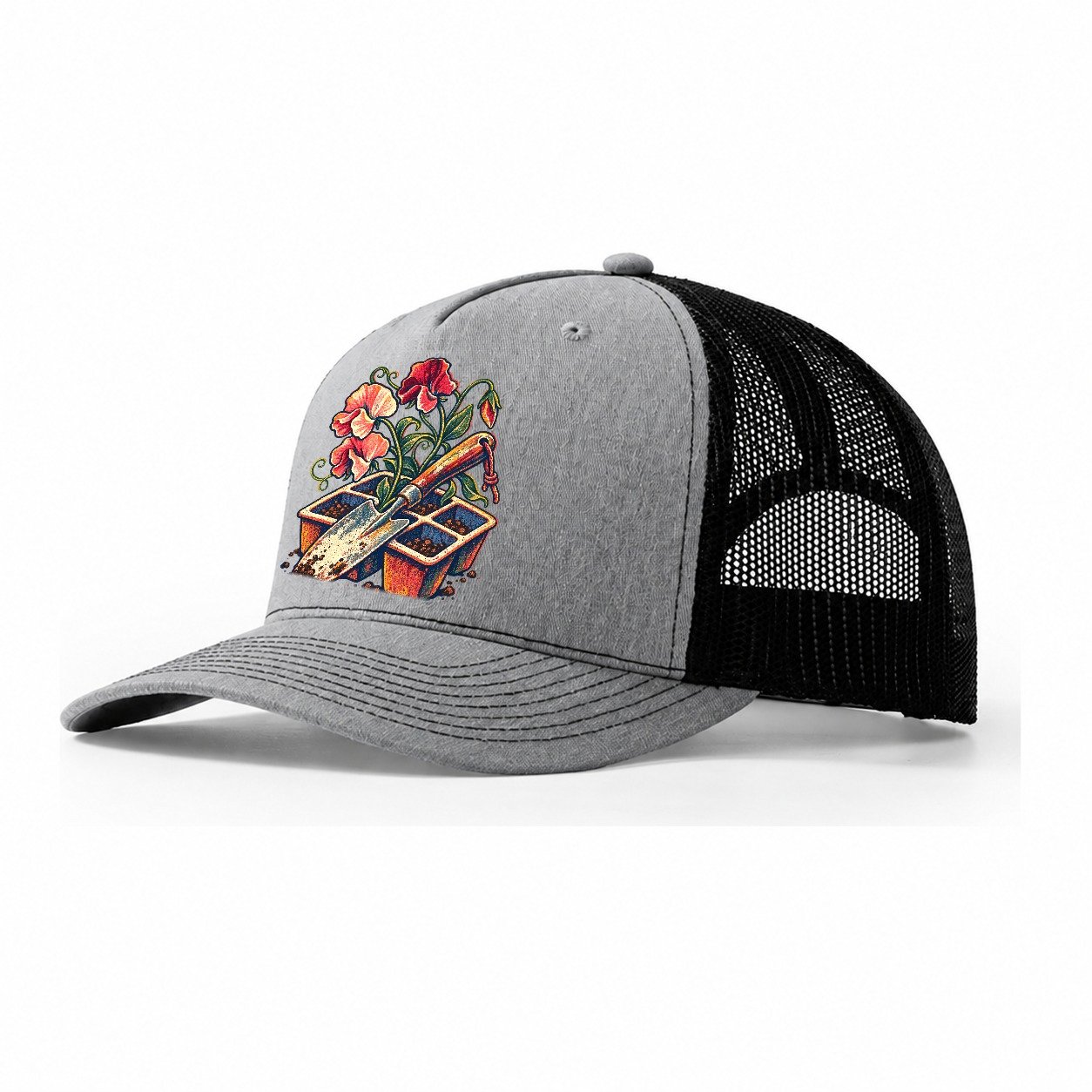 Garden Trowel Seed Tray And Sweet Peas Uk Culture Heritage Trucker Hat – Sport Grey Black