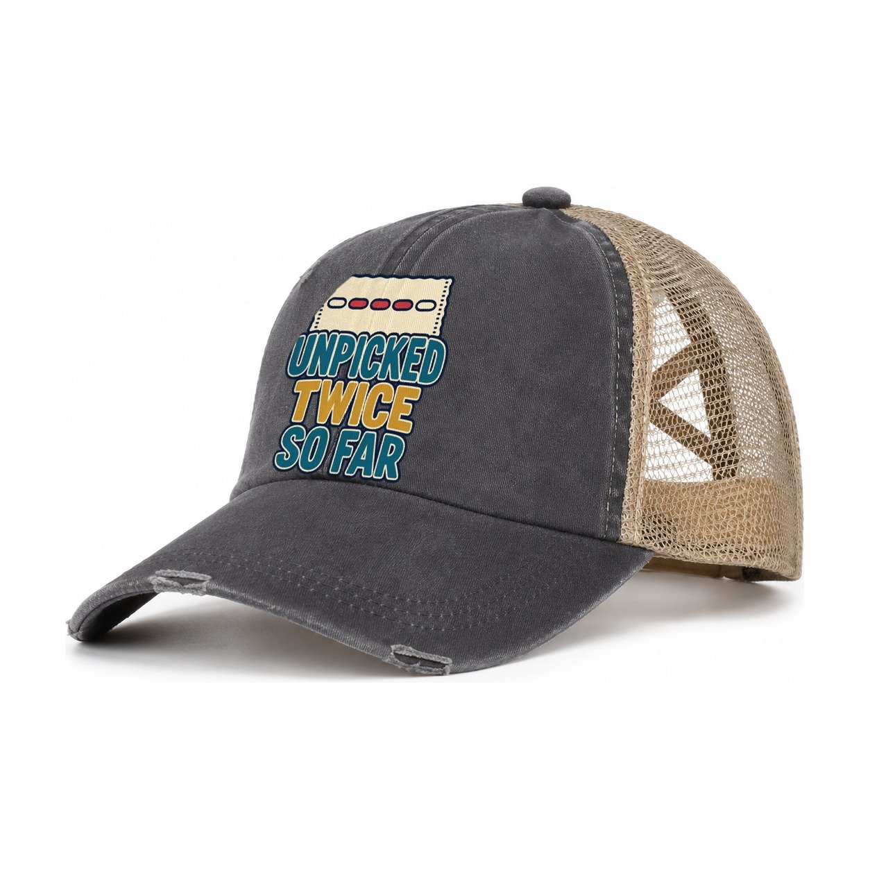 Unpicked Twice So Far And Needlework Women's Ponytail Trucker Hat – Charcoal Khaki