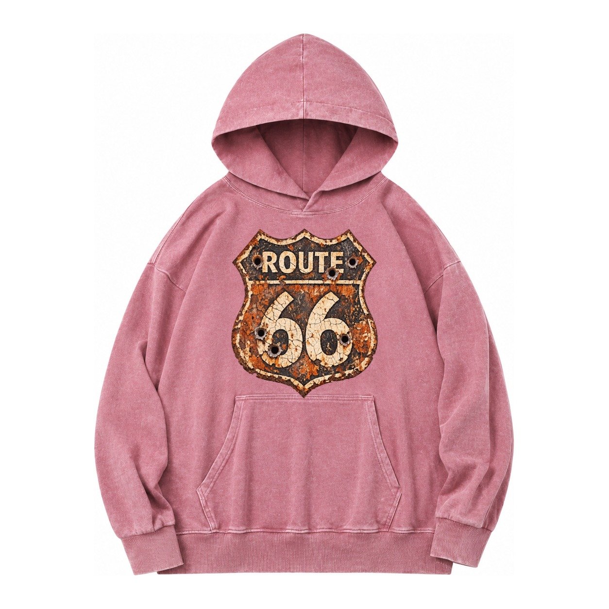 Weathered Marker Rust Aged Route 66 Sign Desert Sun Bleached Vintage Washed Hoodie – Dusty Rose