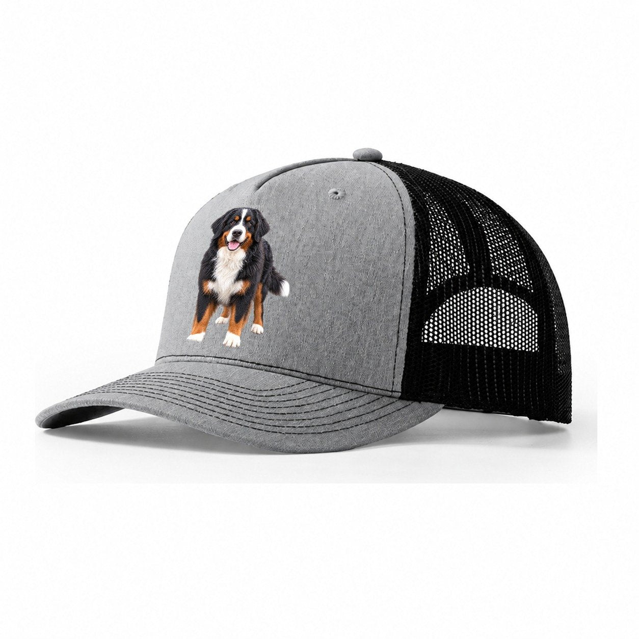 Bernese Mountain Dog Standing Top Breeds Trucker Hat – Sport Grey Black