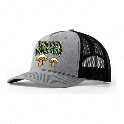 Look Down Walk Slow Foraging And Mycology Trucker Hat – Sport Grey Black