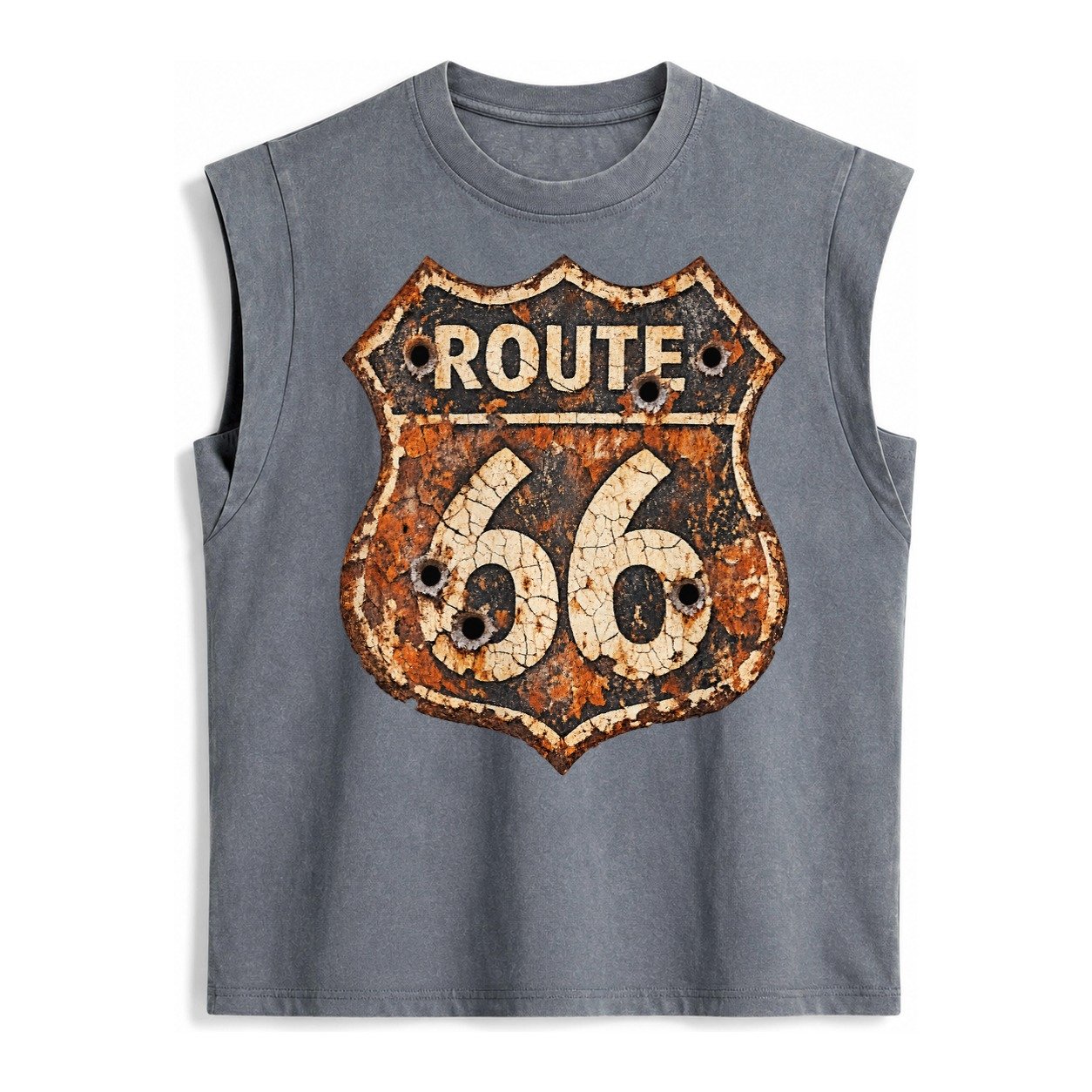 Weathered Marker Rust Aged Route 66 Sign Desert Sun Bleached Vintage Washed Tank – Grey