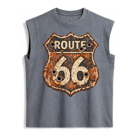Weathered Marker Rust Aged Route 66 Sign Desert Sun Bleached Vintage Washed Tank – Grey