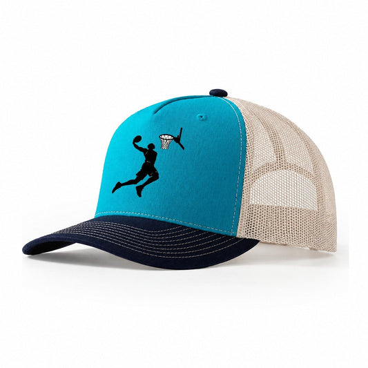 Basketball Dunk Silhouette Trucker Hat – Teal Navy